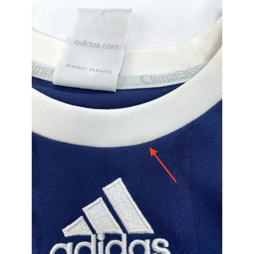 Adidas Shirt Men MEDIUM Blue White Soccer Short Sleeve Jersey ClimaLite 3 Stripe